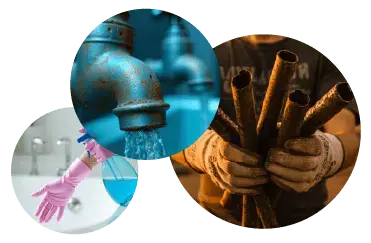 man with a pipe, a sink, and a hose, illustrating plumbing tools and tasks.